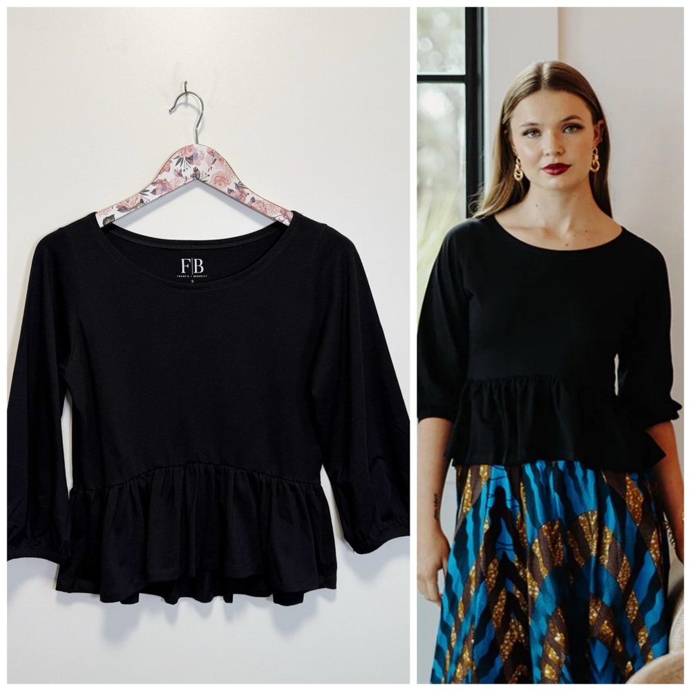 FRANCIS + BENEDICT Peplum Black Round Neck Top Blouse S Small